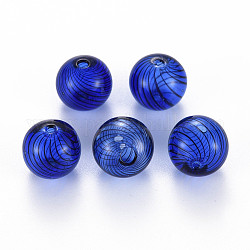 Perles de globe en verre soufflé à la main transparent, rayure, ronde, bleu, 12.5~13.5mm, Trou: 1~2mm