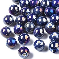 Handgemachte Porzellan runde Perlen, ab Farbe plattiert, Preußischblau, 9 mm, Bohrung: 2 mm