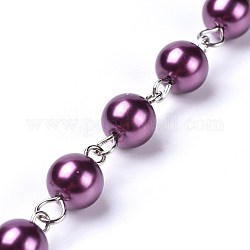 Handgemachte Perlenketten aus gefärbten Glasperlen, ungeschweißte, mit eisernem Augenstift, Platin Farbe, lila, 39.37 Zoll, 1 m / Strang