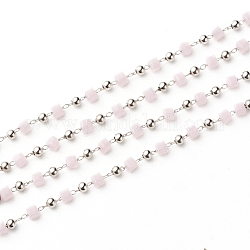 Chaînes de perles de verre faites à la main de 3.28 pied, soudé, avec les accessoires en laiton, Plaqué longue durée, Platine plaqué réel, cube, blush lavande, 3~3.2x3~3.2x3~3.2, 3mm