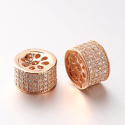 Brass Micro Pave Cubic Zirconia Column Beads, Cadmium Free & Lead Free, Clear, Rose Gold, 6x9mm, Hole: 1mm
