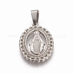 Religion Theme 304 Stainless Steel Pendants, with Crystal Rhinestone, Oval with Virgin Mary, Stainless Steel Color, 25x17x2mm, Hole: 7x4mm