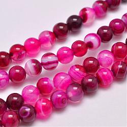Agata a strisce naturali / fili di perle di agata fasciate, tinti e riscaldato, tondo, grado a, rosa intenso, 6mm, Foro: 1 mm, circa 63pcs/filo, 14.7 pollice (375 mm)