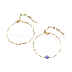 2pcs 2 chaînes de trombone en laiton de style et 304 bracelets de chaînes satellites en acier inoxydable, bracelets de perles de mauvais œil au chalumeau pour les femmes, or, bleu, 6-1/4 pouce (15.8 cm), 1pc / style