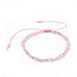 Bracciali con perline intrecciati con filo di nylon regolabile, con perle di semi di vetro e perle tonde di quarzo rosa naturale sfaccettato, 2-1/8 pollice (5.4 cm)