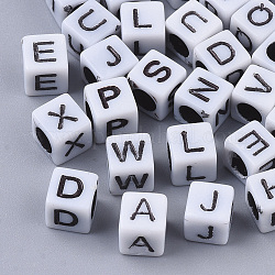 Opaque Acrylic Beads, Horizontal Hole, Cube with Random Initial Letter, White, 6x6x6mm, Hole: 3.5mm, about 3380pcs/500g