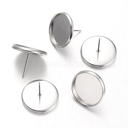 Flat Round Stainless Steel Stud Earring Settings, Stainless Steel Color, Tray: 14mm, 16mm, Pin: 0.7mm