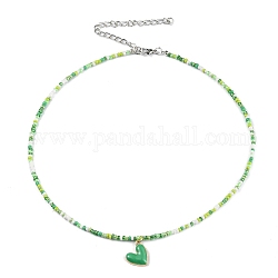 Collier de charme de coeur d'émail d'alliage, collier de perles de rocaille de verre pour femme, verte, 17.13 pouce (43.5 cm)