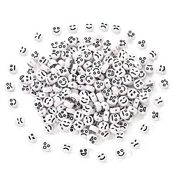 Opake Legierung Perlen, flach rund mit schwarzem Zufallsausdruck, weiß, 7x4 mm, Bohrung: 1.6 mm, 200 Stück / Set
