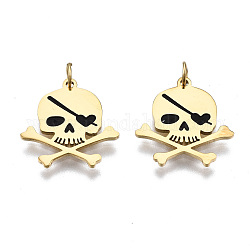 316 Surgical Stainless Steel Enamel Charms, with Jump Rings, Skull, Black, Real 14K Gold Plated, 13.5x13x1mm, Jump Ring: 3.4x0.5mm, 2.4mm inner diameter