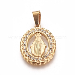 Religion Theme 304 Stainless Steel Pendants, with Crystal Rhinestone, Oval with Virgin Mary, Golden, 25x17x2mm, Hole: 7x4mm