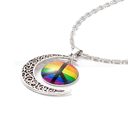 Rainbow Pride Necklace, Flat Round with Pattern & Moon Pendant Necklace for Men Women, Antique Silver & Platinum, Peace Sign Pattern, 18.31 inch(46.5cm)
