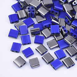 2-hole perline di vetro, colori placcati mezzo canna di fucile, quadrato, blu, 5x4.5~5.5x2~2.5mm, foro: 0.5~0.8mm, circa 1180pcs/scatola