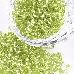 Grade A Glass Seed Beads, Hexagon(Two Cut), Silver Lined, Green Yellow, 1.5~2.5x1.5~2mm, Hole: 0.8mm, about 2100pcs/bag, 450g/bag