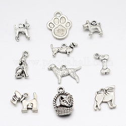 Tibetan Style Alloy Charms, Dog, Theme,Mixed Style, Lead Free, Antique Silver, 13~22.5x10~23x2~4.5mm, Hole: 1~3mm, 10pcs/set