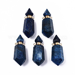 Ciondoli naturali sfaccettati lapis lazuli, bottiglia di profumo apribile, con i risultati in ottone tono oro, esagono, 40~41.5x15x13.5mm, Foro: 1.8 mm, capacità della bottiglia: 1 ml (0.034 fl. oz)