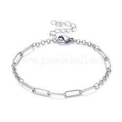 Chain Bracelets, with Brass Rolo Chains, 304 Stainless Steel Paperclip Chains and Lobster Claw Clasps, Stainless Steel Color, 7-1/4 inch(18.5cm)