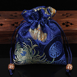Sacchetti per imballaggio di gioielli in raso con motivo floreale in stile cinese, sacchetti regalo con coulisse, rettangolo, blu, 14x11cm