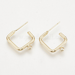 Brass Stud Earring Findings, with Loop, Square, Nickel Free, Real 18K Gold Plated, 19x16x2mm, Hole: 1.5mm, Pin: 0.8mm