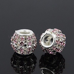 Perles européennes en laiton avec strass, Perles avec un grand trou   , rondelle, couleur argentée, rose clair, 12x10mm, Trou: 4mm