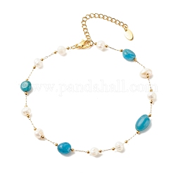 Bracelet de cheville en perles d'apatite naturelle et de perles, bijoux en acier inoxydable plaqué or pour femme, 9.65~9.92 pouce (245~252 mm)
