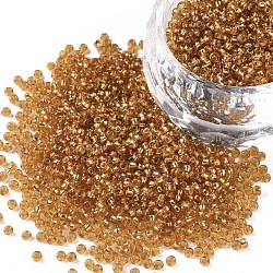 Vara de oro redonda 11/0 grado a cuentas de semillas de vidrio transparente, plata forrada agujero redondo, 2x1.5mm, agujero: 0.3 mm, aproximamente 3300 unidades / 50 g