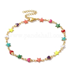 304 Stainless Steel Anklet, Enamel Colorful Star and Heart Chain for Women, Golden, 9-1/8 inch(23cm)