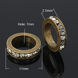 Abalorios de latón Diamante de imitación espaciador, Grado A, color de bronce antiguo, plano y redondo, cristal, 11x2.5mm, agujero: 8 mm
