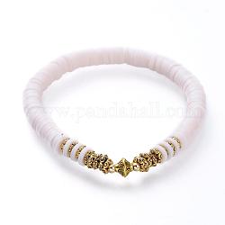 Bracelets élastiques, avec des perles heishi en pâte polymère, Perles intercalaires en alliage plaqué or antique et perles rondes en laiton, blanc, 2-1/4 pouce (5.7 cm)