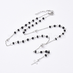 304 Stainless Steel Pendant Necklaces, with Glass Seed Beads, Cross, Black, 18.5 inch(47cm)