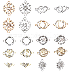 Sunnyclue 40 piezas 10 estilos encantos de conector de aleación con rhinestone de cristal, plano redondo y anillo y corazón, formas mixtas, platino y oro, 9~27x16~25x1.7~2.5mm, agujero: 1.5~2.4 mm, 4 piezas / style