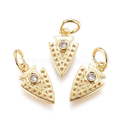 Brass Micro Pave Cubic Zirconia Charms, with Jump Rings, Inverted Triangle, Clear, Golden, 12.5x7x2mm, Jump Rings: 3mm