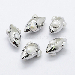 Perle coltivate d'acqua dolce perla naturale, bordo placcato in oro bianco, oliva, 32~34x16~19mm, Foro: 1 mm