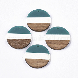 Tri-color Resin & Walnut Wood Pendants, Flat Round, Dark Cyan, 28x3.5mm, Hole: 2mm