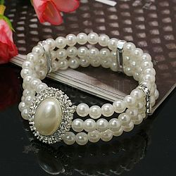 Cadeau pour Saint Valentin de bracelets de mariage petite amie acrylique perle, laiton strass perles et cabochons en strass alliage, élastique, blanc, 50mm