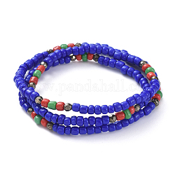 Three Loops Stretch Wrap Bracelets, with Glass Seed Beads and Natural Pyrite Beads, Blue, 21.3 inch(54cm)