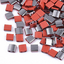 2 trous perles de rocaille de verre, couleurs demi-plaqué bronze, carrée, rouge, 5x4.5~5.5x2~2.5mm, trou: 0.5~0.8 mm, environ 1180 PCs / sachet 
