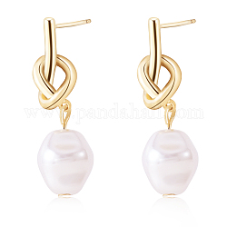 Aretes colgantes con nudo y perla de imitación, joyas de latón para mujer, dorado, 30x10mm, pin: 0.9 mm
