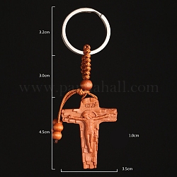 木製ペンダントキーホルダー  鉄のリング付き  十字架クロス  サンゴ  10.7cm