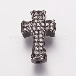 Messing Zirkonia Perlen, Kreuz, Transparent, Metallgrau, 14x9x3.5 mm, Bohrung: 1 mm