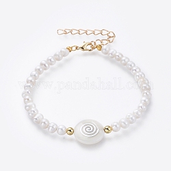 Natürliche Süßwasserperlen Perlen Armbänder, mit flachen runden Süßwasserschalenperlen und Messingperlen, Wirbelmuster, 7-5/8 Zoll (19.3 cm)