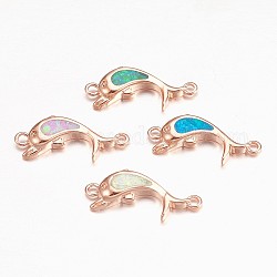 Connecteurs de liens en opale synthétique, avec les accessoires en laiton, forme de dauphin, or rose, couleur mixte, 8x18x2.5mm, Trou: 1mm
