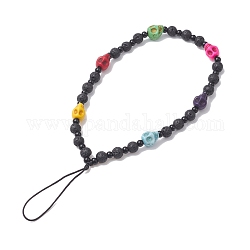 Lava Rock Beaded Mobile Straps, with Dyed Synthetic Turquoise Beads, Nylon Thread Anti-Lost Mobile Accessories Decoration, Skull, Black, 19.4cm
