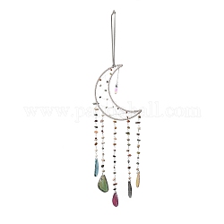 Mixed Gemstone Chips Beaded Moon Hanging Sun Catchers, with Glass Bullet and Natural Agate, with Iron Findings, 660mm