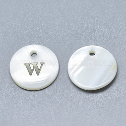 Breloque de coquille de nacre blanche naturelle, avec autocollant de fer, plat rond avec la lettre, letter.w, 13x2mm, Trou: 1.5mm