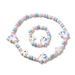 Ensemble de bijoux en bois d'érable et acrylique, collier de perles et bracelet extensible pour enfants, licorne, bracelet : diamètre intérieur : 1-1/2 pouce (3.8 cm), collier : 1-1/2 pouce (3.92 cm)