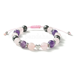 Bracelet de perles tressées en quartz rose naturel, améthyste et cœur en laiton, bracelet réglable pour femme, diamètre intérieur: 2-1/8~3-3/8 pouce (5.4~8.6 cm)