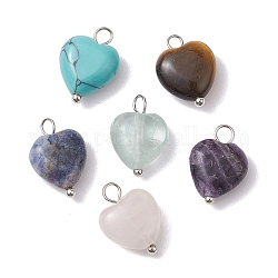 Ciondoli a forma di cuore con pietre preziose miste naturali e sintetiche, con anelli di filo di rame, platino, 14.5x10x5mm, Foro: 2.3 mm