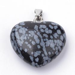 Pendentifs d'obsidianl de flocon de neige naturel, avec les accessoires en alliage, cœur, platine, 27~29x28x11mm, Trou: 3.5x5mm