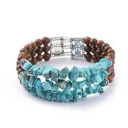 Bracelets enroulés en perles synthétiques turquoise (teintes) à trois boucles, avec des perles en bois  , accessoires en alliage et bracelet en acier de fil de mémoire, 2-1/8 pouce (5.4 cm)